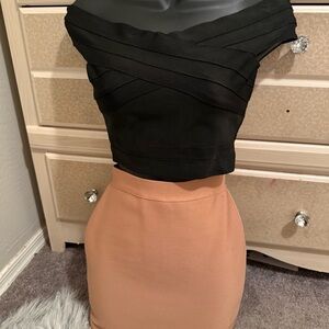Black Off-Shoulder Top and Tan Skirt Set